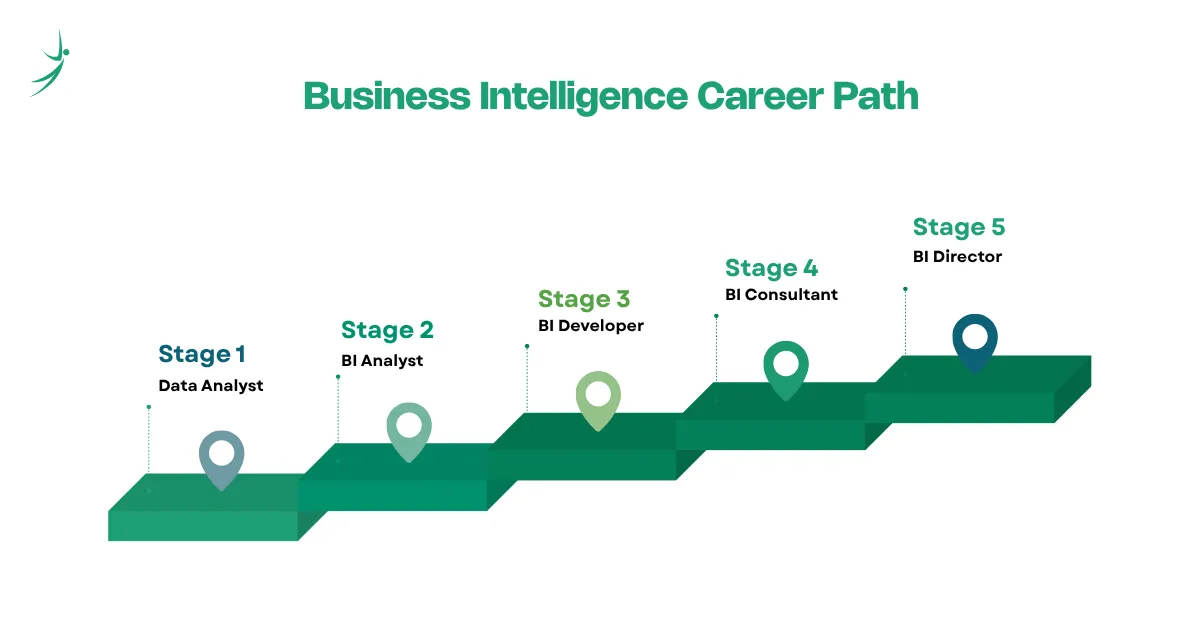 Business intelligence career paths infographic showing BI Analyst, BI Developer, Data Analyst, BI Consultant, and Director of Business Intelligence roles.