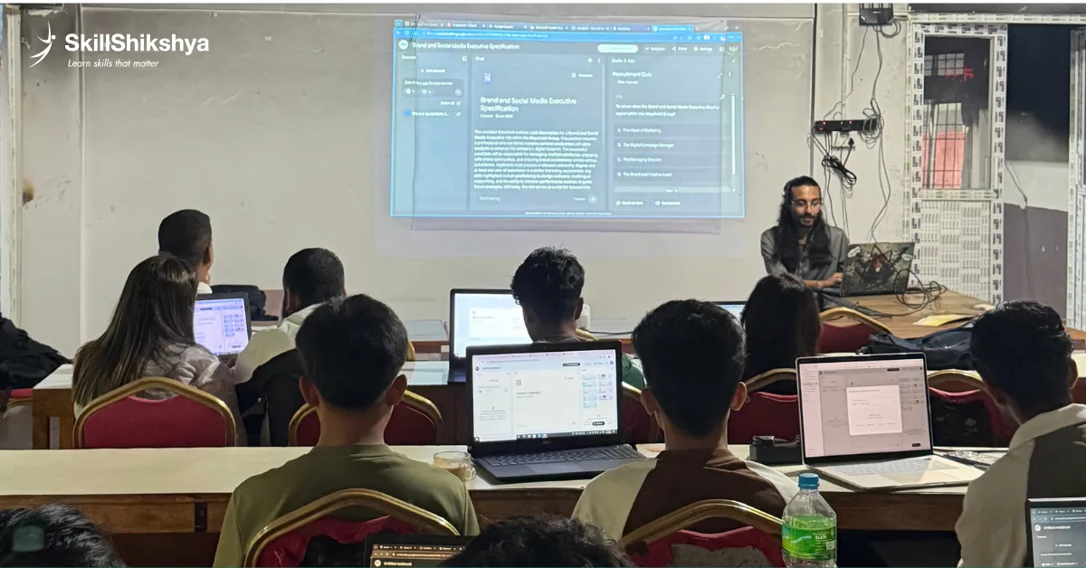 Skill Shikshya mentor conducting a hands-on Digital Marketing session at Ilam Municipality workshop with participants following along on laptops