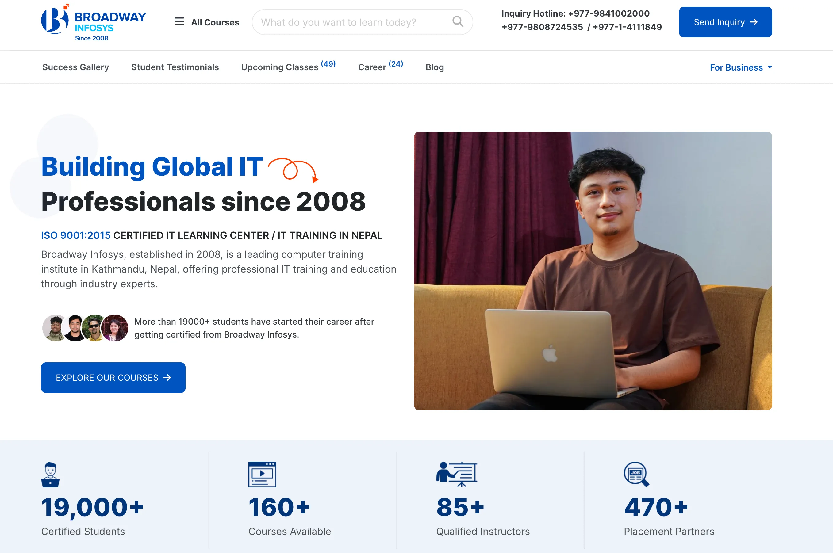 Broadway Infosys Nepal: ISO 9001:2015 certified IT training institute with 19,000+ certified students and 470+ placement partners since 2008