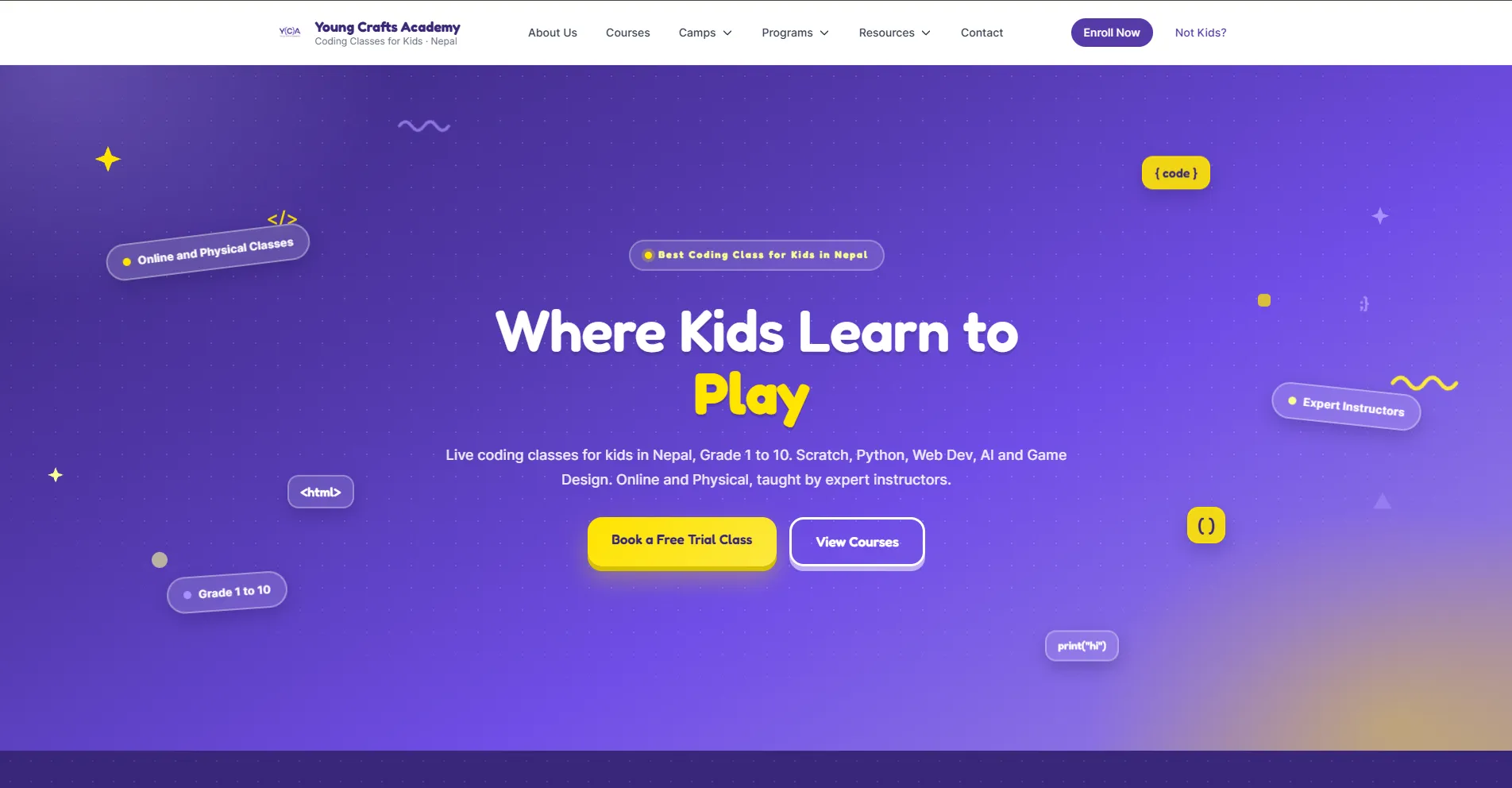 The landing page of Young Craft Academy (YCA)