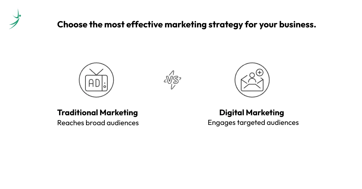 Comparison showing traditional marketing reaching broad audiences and digital marketing targeting specific audiences.